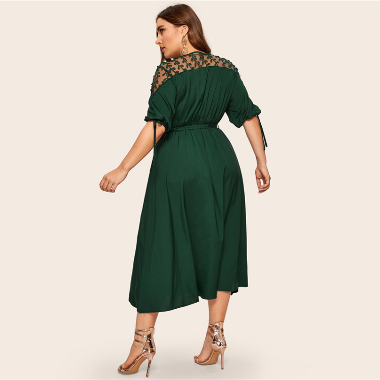 Summer Plus Size V Neck Elegant Cuff Lace Up Belted Dresses Half Sleeve Maxi Dress