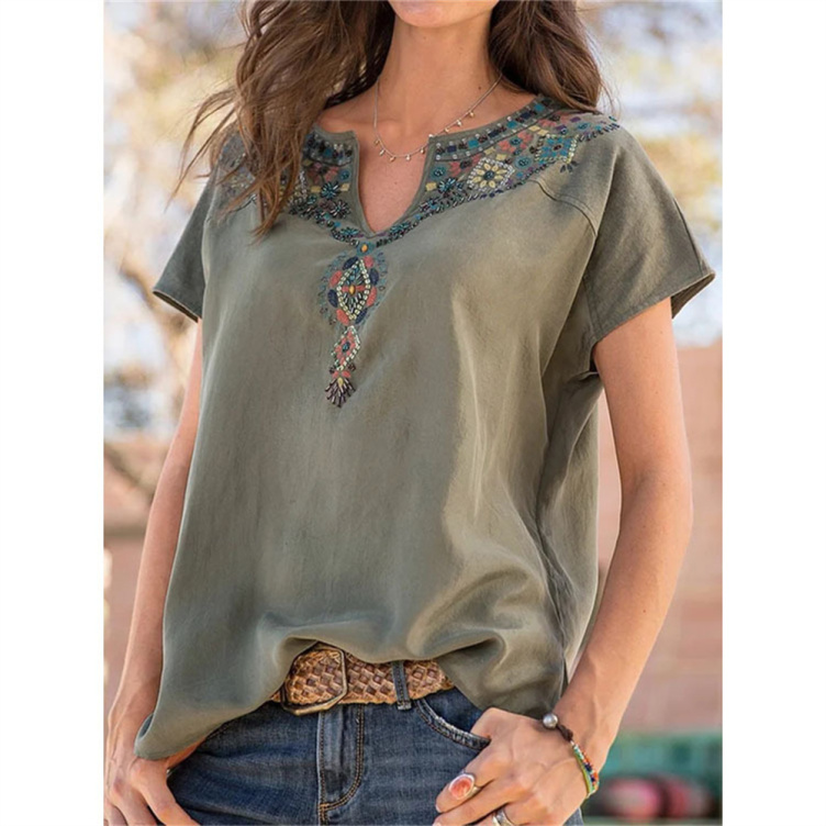 2022 Summer New Fashion Retro Printed T-Shirt Women's Loose Western Ethnic Style Tops V-Neck Short-Sleeve Casual Street Tshirt
