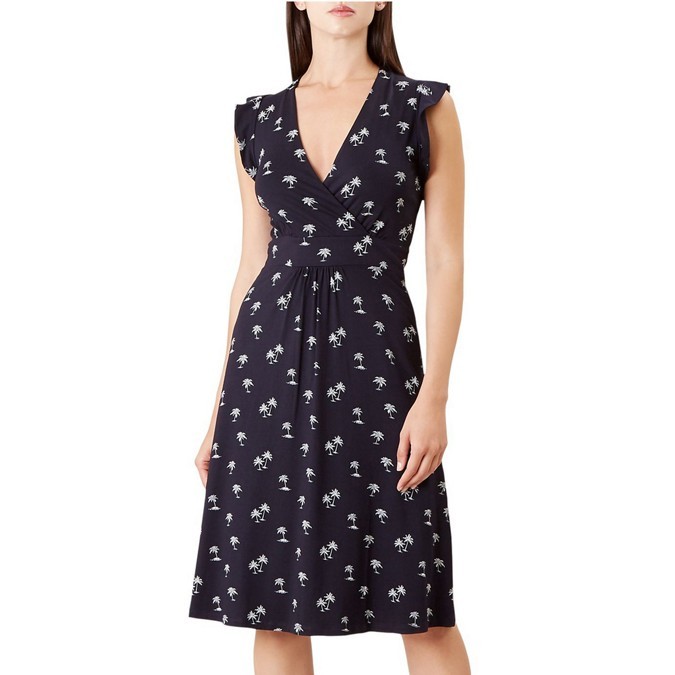 Latest Design Lady Office Dress Sleeveless Floral Print Navy Fit Flare Women Casual Dress