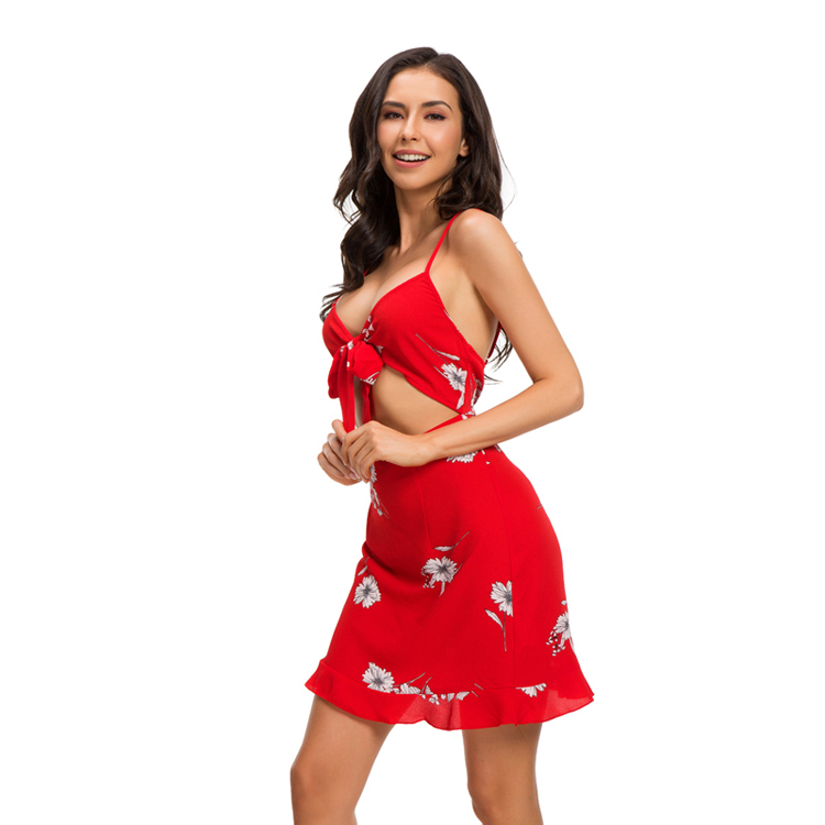 Summer Hot Selling Red Floral Print Sleeveless Bikini Straps Tube Sexy Women Cocktail Dress