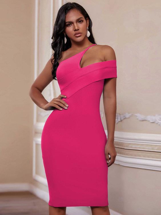 2022 Women Red Pink One Shoulder Bandage Bodycon Dress Sexy Straps Night Club Party Dresses Robes Femme