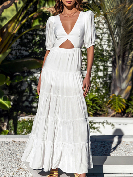 Summer Party Dress Deep V Neck Backless Puff Short Sleeve Solid Long Sexy Elastic Waist Boho Dress