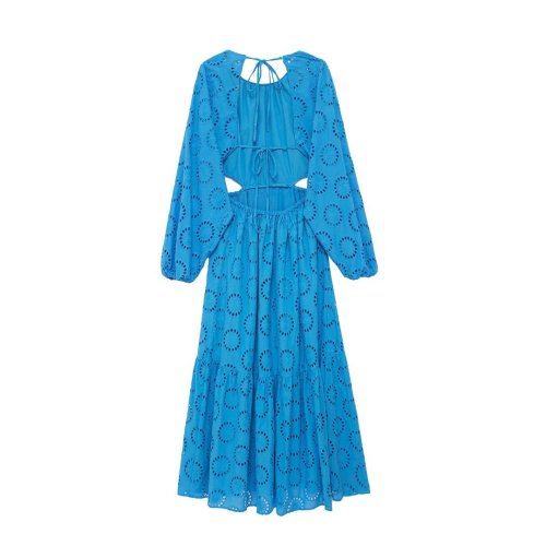 Blue Backless Maxi Dress Women Summer Embroidery Long Sleeve Casual Dresses