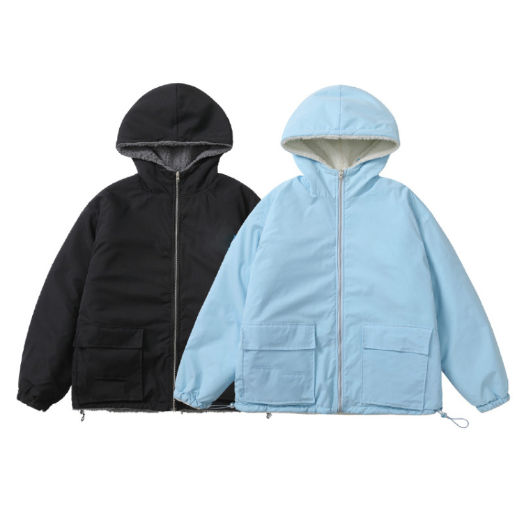 High Quality Double Sided Mens Street Hooded Jackets Custom Logo Lamb Fleece Windproof Warm Unisex Zip Up Outdoor Jacket