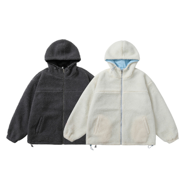 High Quality Double Sided Mens Street Hooded Jackets Custom Logo Lamb Fleece Windproof Warm Unisex Zip Up Outdoor Jacket