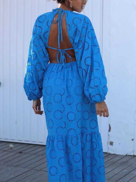 Blue Backless Maxi Dress Women Summer Embroidery Long Sleeve Casual Dresses