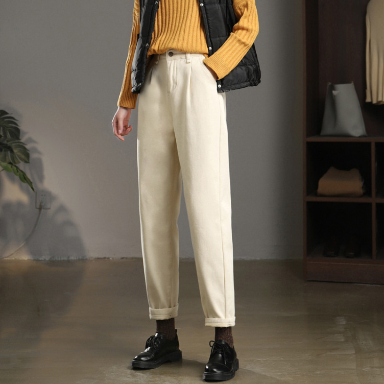 Autumn And Winter New High-Waisted Milk Velvet Pants Women'S Straight Loose Beige Daddy Pants