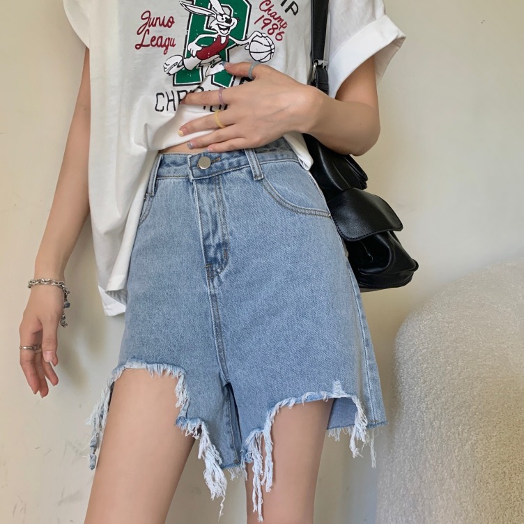 Tassel hole high waist denim shorts custom women's summer fashion casual loose and thin all-match wide-leg jeans with pockets