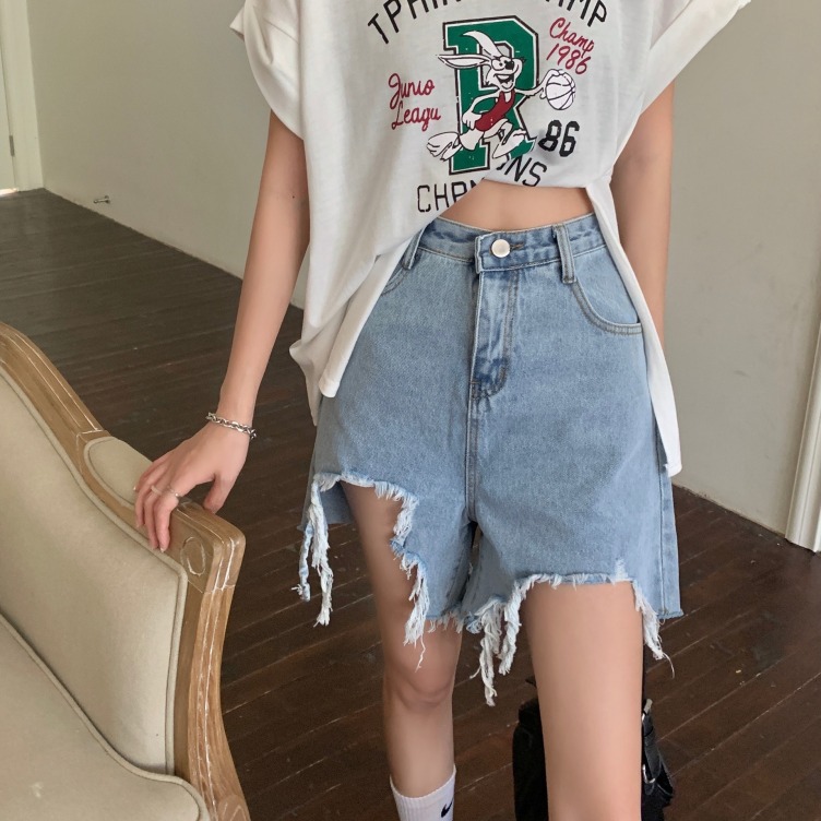 Tassel hole high waist denim shorts custom women's summer fashion casual loose and thin all-match wide-leg jeans with pockets