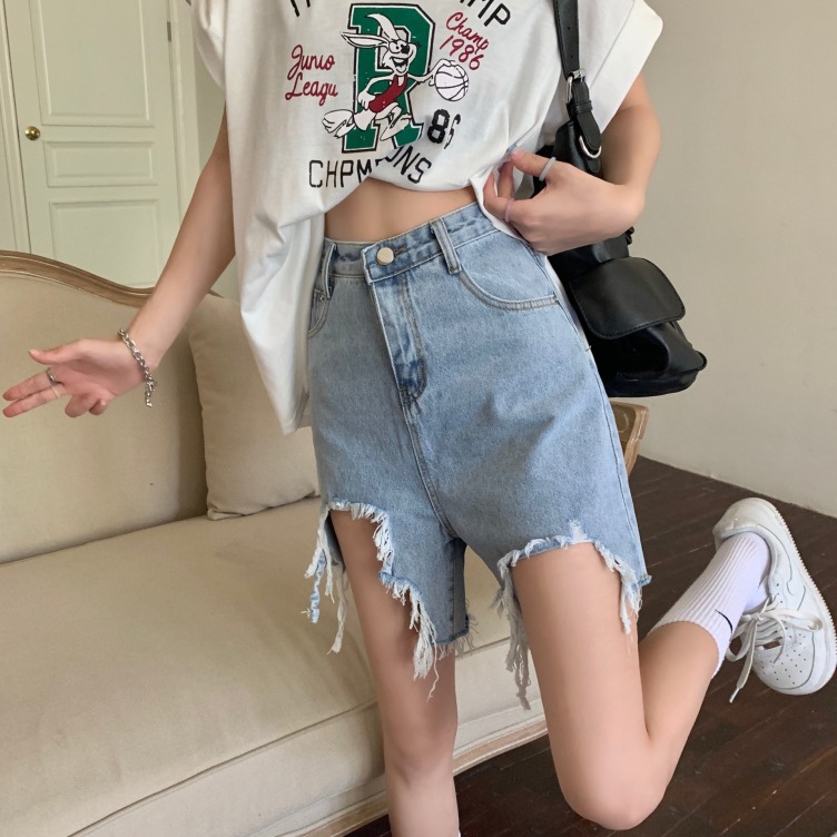 Tassel hole high waist denim shorts custom women's summer fashion casual loose and thin all-match wide-leg jeans with pockets