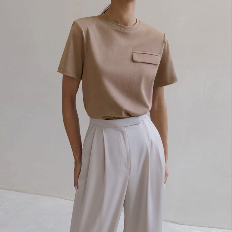 2022 Summer Casual Solid T-shirts Women O-Neck Fake Pocket Cotton Short Sleeve Soft Loose Harajuku Basic Tops