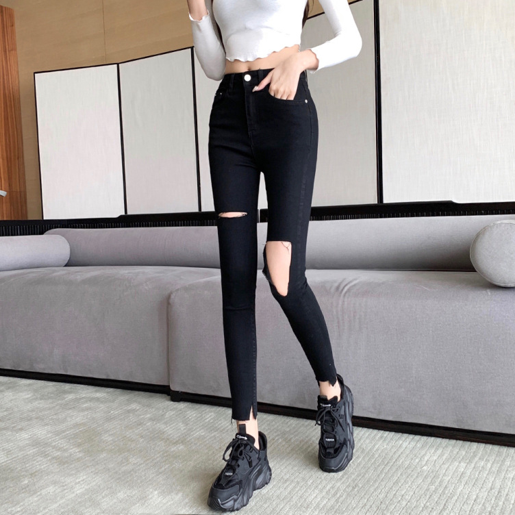Summer new high-waisted slim stretch ripped jeans custom women's casual skinny retro jeans with pockets