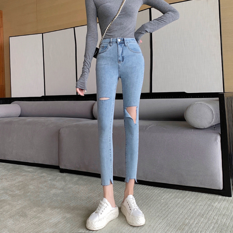 Summer new high-waisted slim stretch ripped jeans custom women's casual skinny retro jeans with pockets