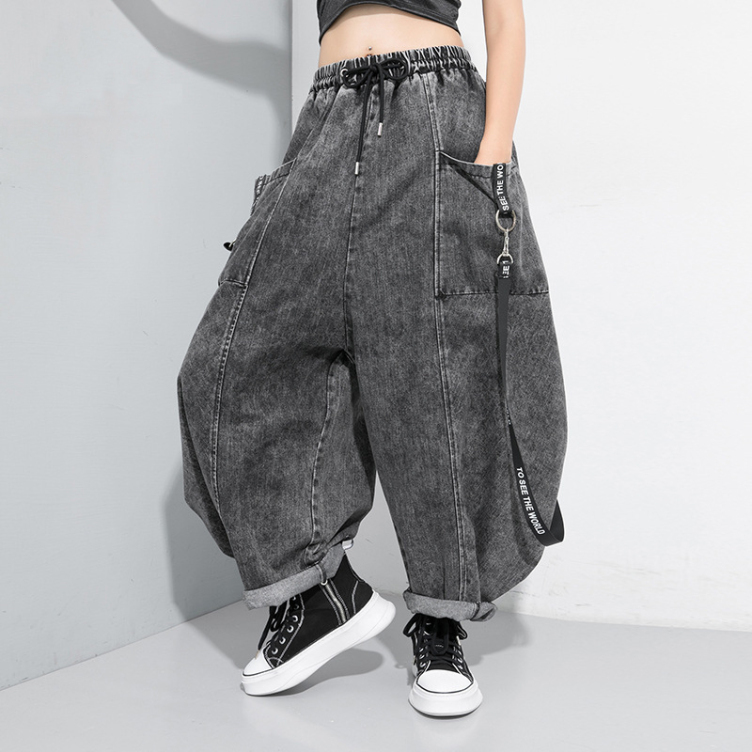 Tide 2022 new washed and worn spelling webbing tide jeans personalized large size wide leg trousers