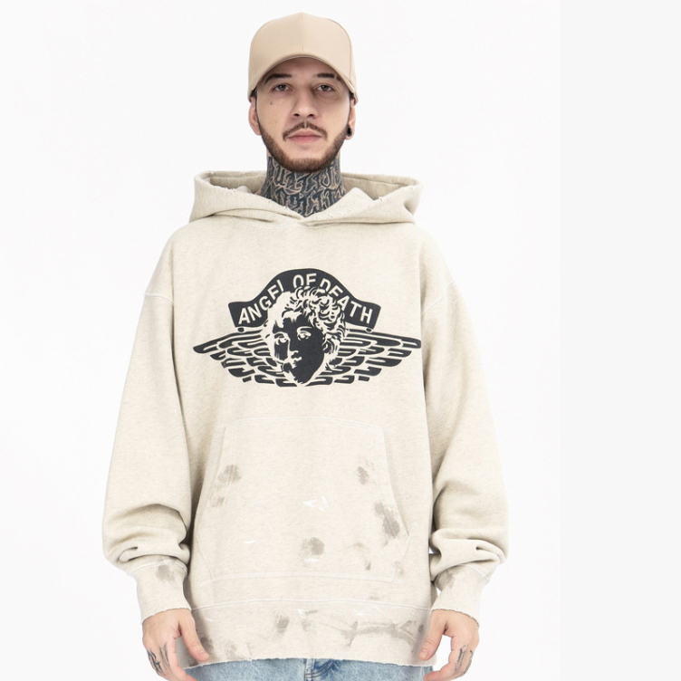 Distressed and torn washed angel print loose-fitting hooded sweatshirt