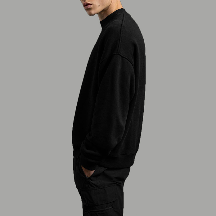 Casual plain black three-dimensional patch pockets not hooded cotton solid colour spot loose drop shoulder sweatshirt