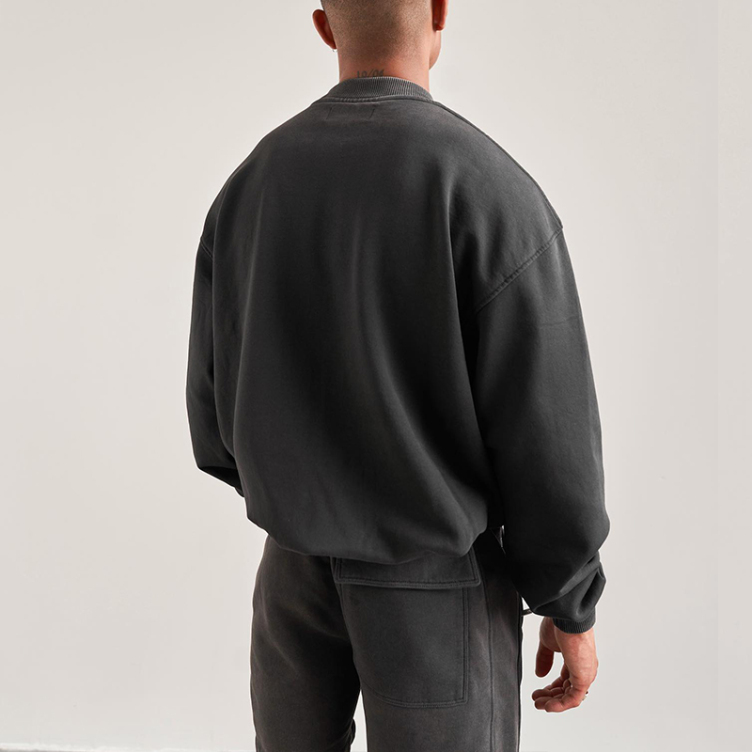 Dark retro style heavyweight basic round neck padded sweatshirt for men