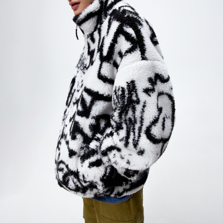 Men's Printed Fleece Loose Standing Collar Jacket Jacket