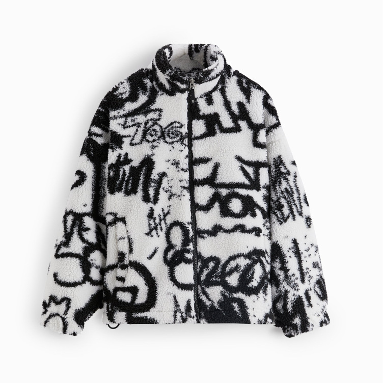 Men's Printed Fleece Loose Standing Collar Jacket Jacket