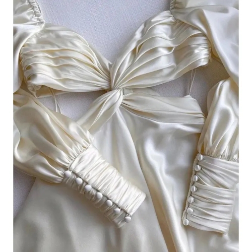 Luxury Silk Clothing Puff Sleeve Backless Short Mini Night Club Sexy Women Evening Party Elegant Satin Dress