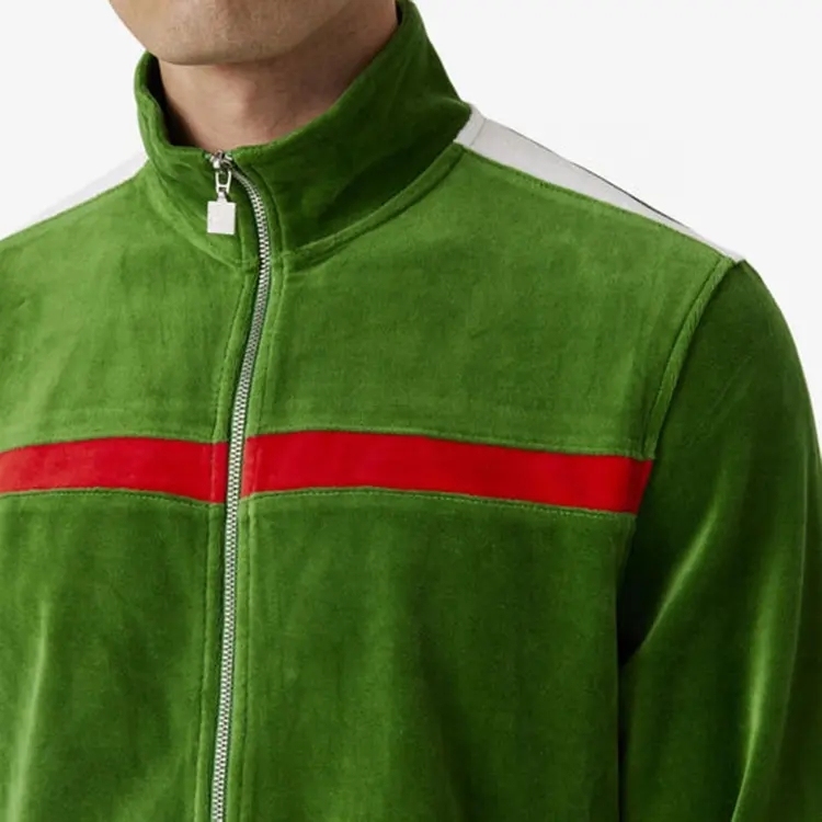 Winter Men's Custom Logo Blank Zip Up Colour Block Jacket Vintage Bomber Velvet Velour Jacket For Men