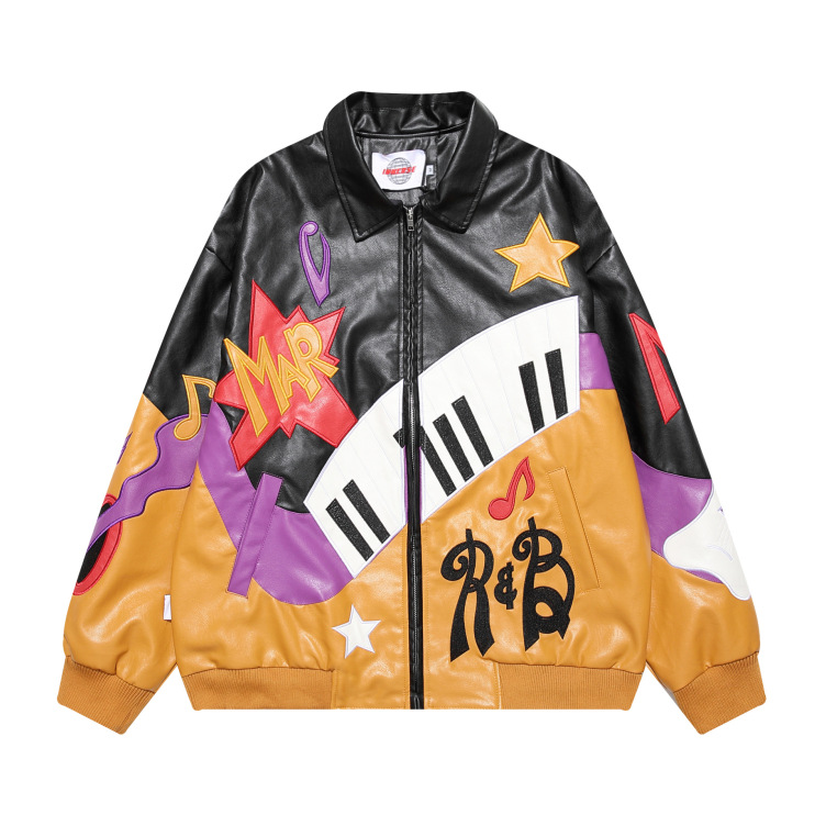Color block leather note star letter embroidered lapel leather streetwear loose hip hop jacket
