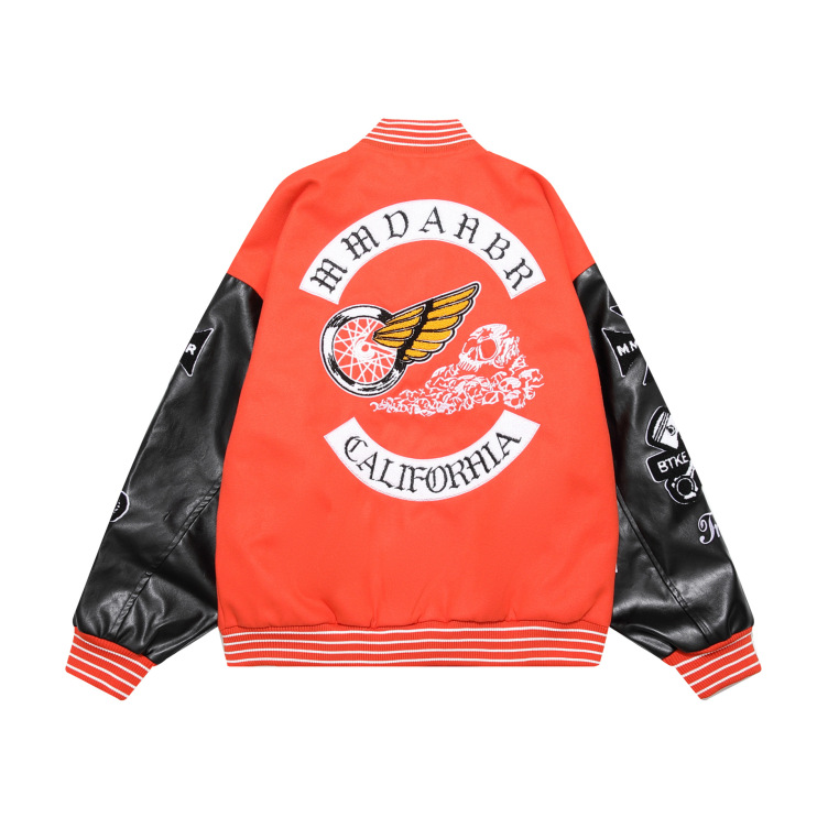 Streetwear Skull Elements Patch Embroidery PU Leather Patchwork Baseball Uniform Loose Jacket