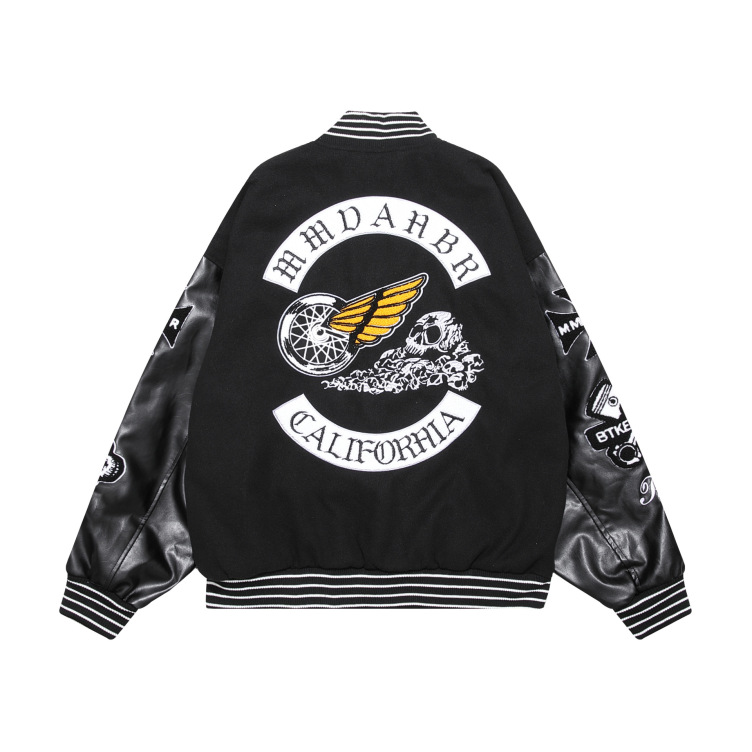 Streetwear Skull Elements Patch Embroidery PU Leather Patchwork Baseball Uniform Loose Jacket