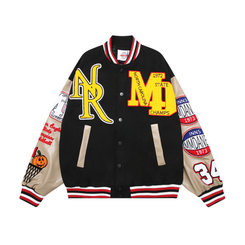 Retro towel embroidery PU splicing baseball uniform men's and women's hip-hop loose casual jacket