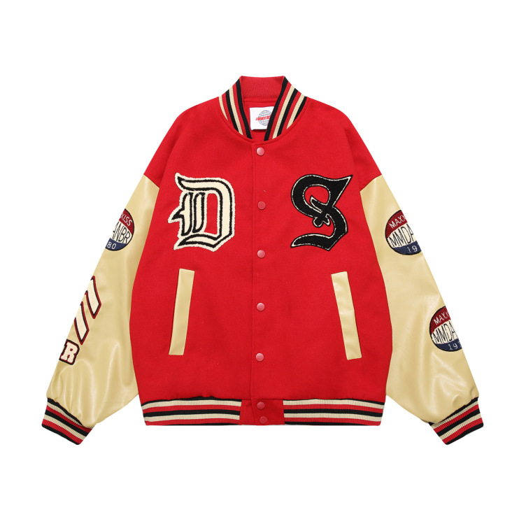 Towel embroidered flocking baseball jacket for women autumn and winter high street contrasting color splicing jacket