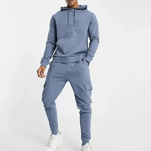 Customize Design Embroidery Logo Hoodie And Cargo Pants 2 Piece Sets Oversized 100% Cotton Rib Baby Blue Tracksuit For Men