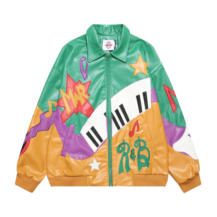Color block leather note star letter embroidered lapel leather streetwear loose hip hop jacket