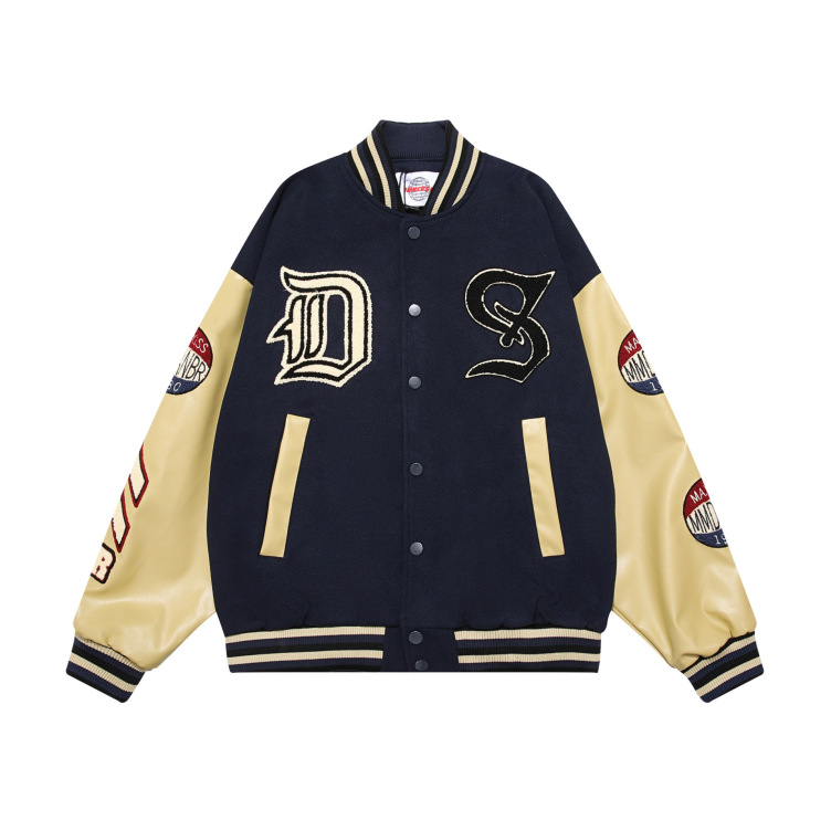 Towel embroidered flocking baseball jacket for women autumn and winter high street contrasting color splicing jacket