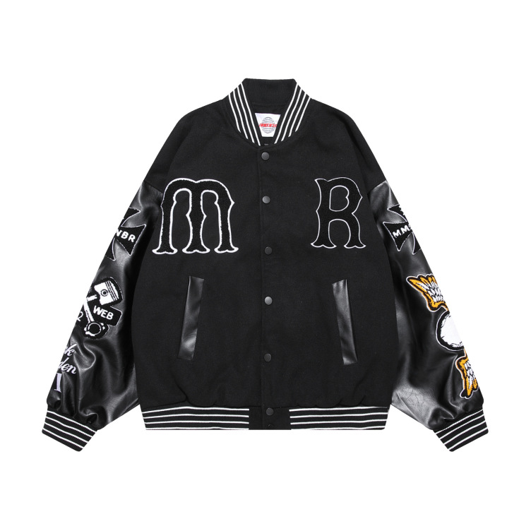 Streetwear Skull Elements Patch Embroidery PU Leather Patchwork Baseball Uniform Loose Jacket