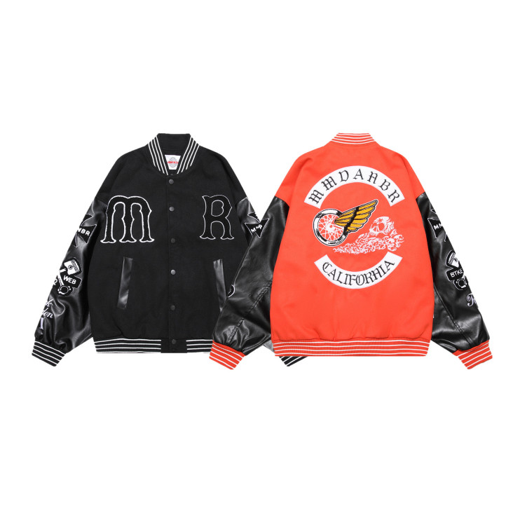 Streetwear Skull Elements Patch Embroidery PU Leather Patchwork Baseball Uniform Loose Jacket