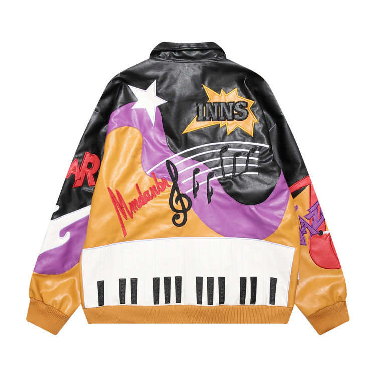 Color block leather note star letter embroidered lapel leather streetwear loose hip hop jacket