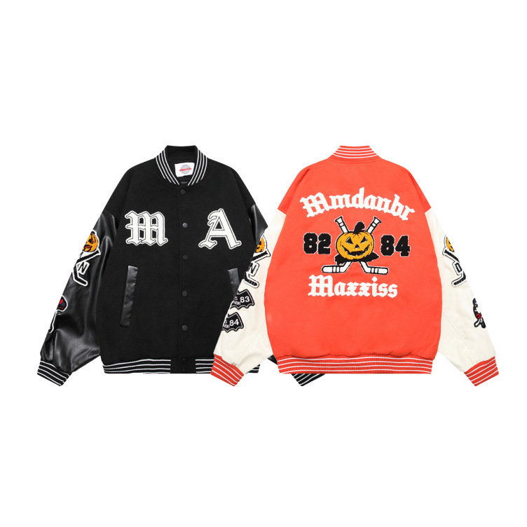 Streetwear Flocked Jacquard Baseball Jacket Loose Patchwork Leather Sleeve Jacket