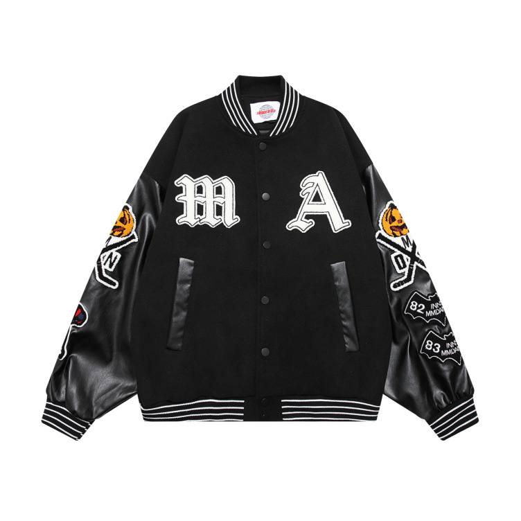 Streetwear Flocked Jacquard Baseball Jacket Loose Patchwork Leather Sleeve Jacket