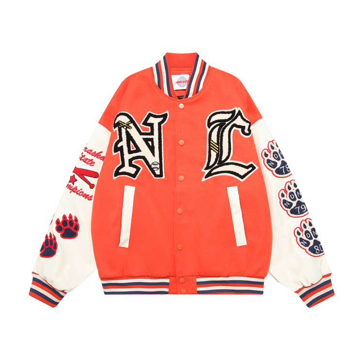 Retro devil patchwork leather flocked embroidery men's and women's hip-hop loose baseball uniform jacket