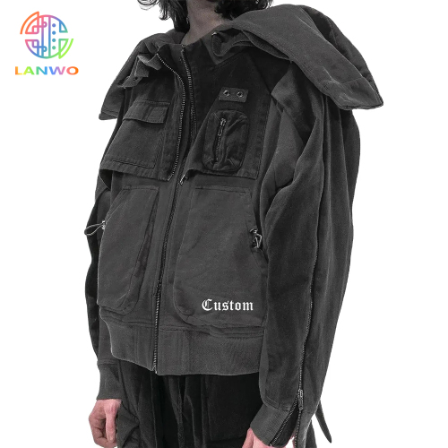 High Quality Cargo Hoodies Multi Pockets Design Side Zip On Sleeves Vintage Acid Washed Full Zip Hoodies For Men