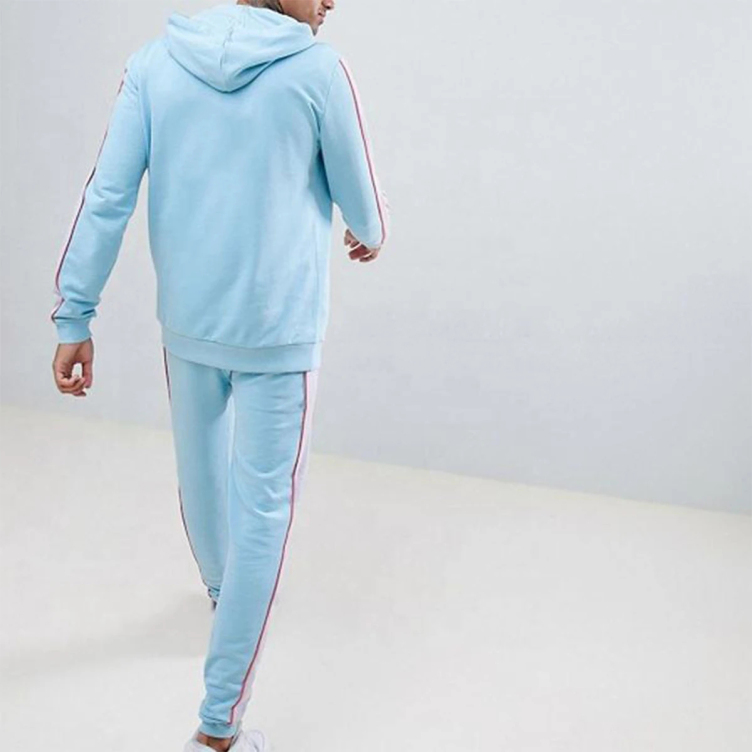 Bulk Fashion Custom Print Logo Side Stripes Sports Zip Sweatsuit Casual Cotton Fleece 2 Piece Jogger Set Patchwork