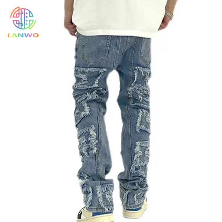 Custom High Street Style Retro Raw Edge Ripped Hip Hop Streetwear Jeans Cargo Pants For Men