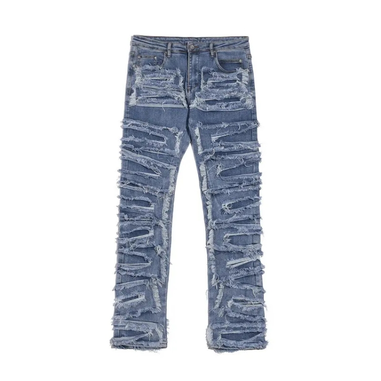 Custom High Street Style Retro Raw Edge Ripped Hip Hop Streetwear Jeans Cargo Pants For Men