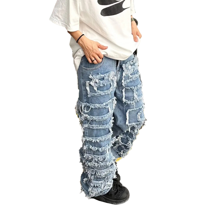 Custom High Street Style Retro Raw Edge Ripped Hip Hop Streetwear Jeans Cargo Pants For Men