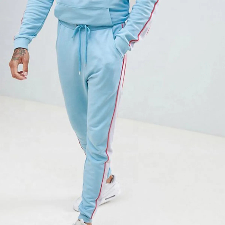 Bulk Fashion Custom Print Logo Side Stripes Sports Zip Sweatsuit Casual Cotton Fleece 2 Piece Jogger Set Patchwork