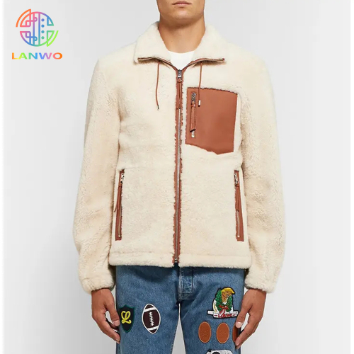 Oem New Fashion Cream And Brown Leather Trimmed Mens Shearling Jacket Drawstring Collar And Hem Outwear Fleece Jackets For Man