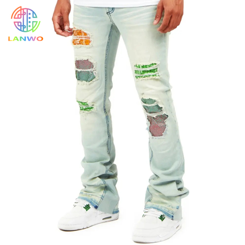 Custom Private Label Custom Distressed Ripped Men's Layered Jeans Men's Long Jeans