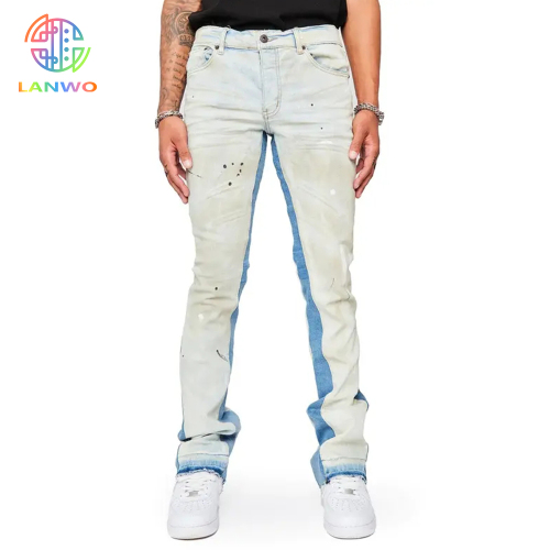 High Quality Men's Distress Hole Flare Fit White Blue Denim Pants Custom Jeans Pants For Men