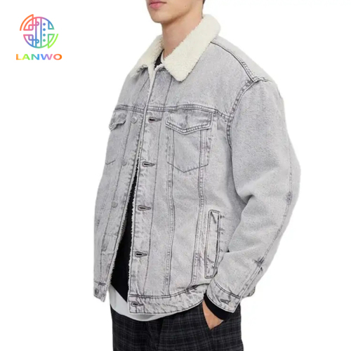 Oem Wholesale Light Blue Mens Faux Shearling Winter Denim Jackets