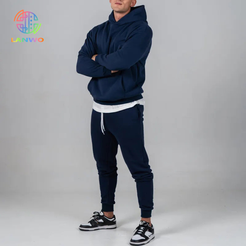 Men Gym Tracksuits Dark Blue Boxy Fit Hoodies Gym Joggers 2 Pieces Sweatsuits For Men